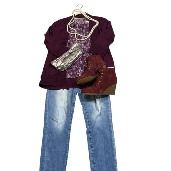 Evolution Cardigan W S Burgundy Button Sleeve Open Front Stretch Comfort Office - Picture 5 of 9